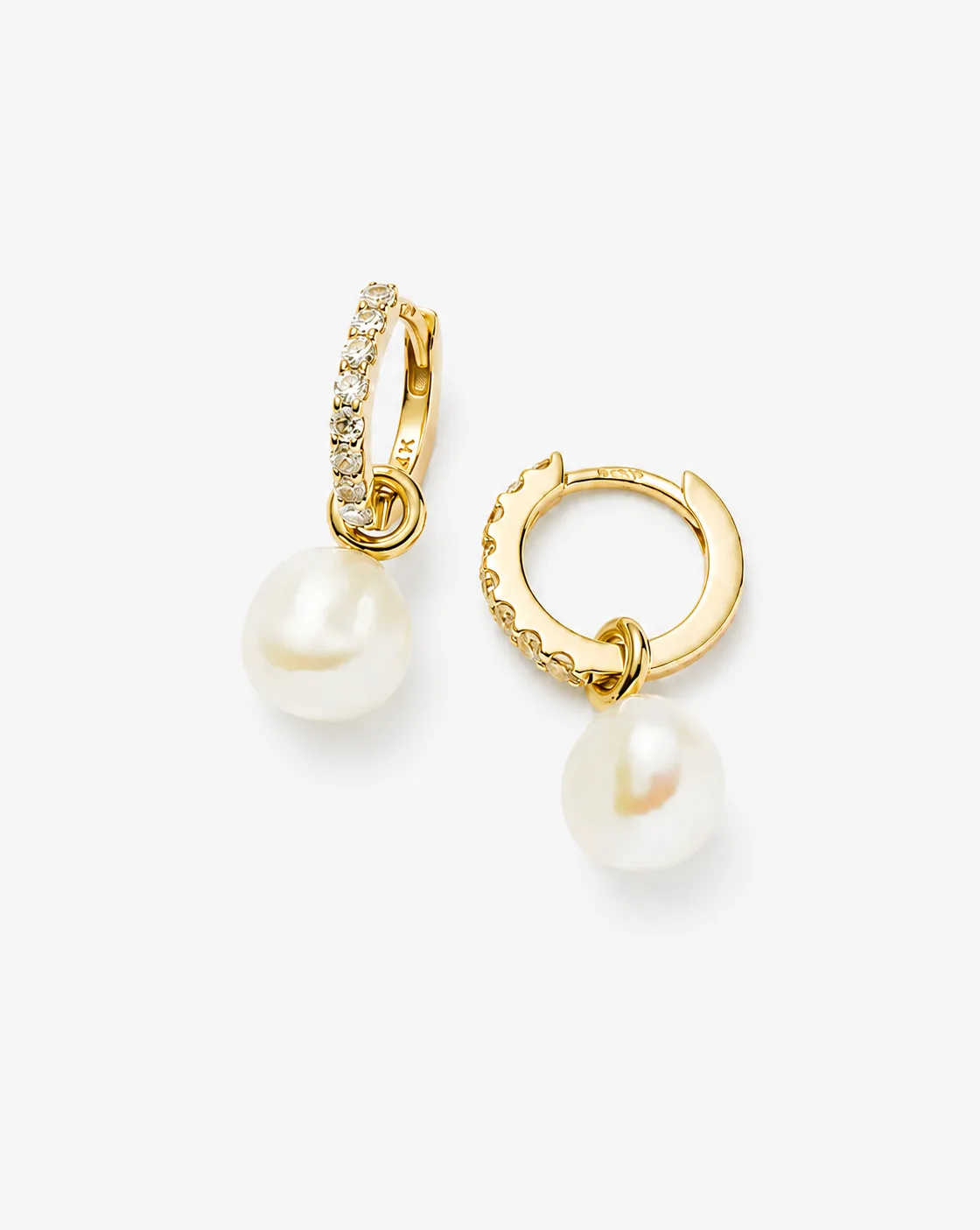 Solid Gold Diamond & Pearl Charm Hoop Earrings